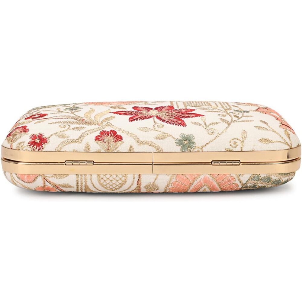 Handcrafted Zari Embroidery Box Clutch - Elegant Evening Purse in Cream - Picture 5 of 7